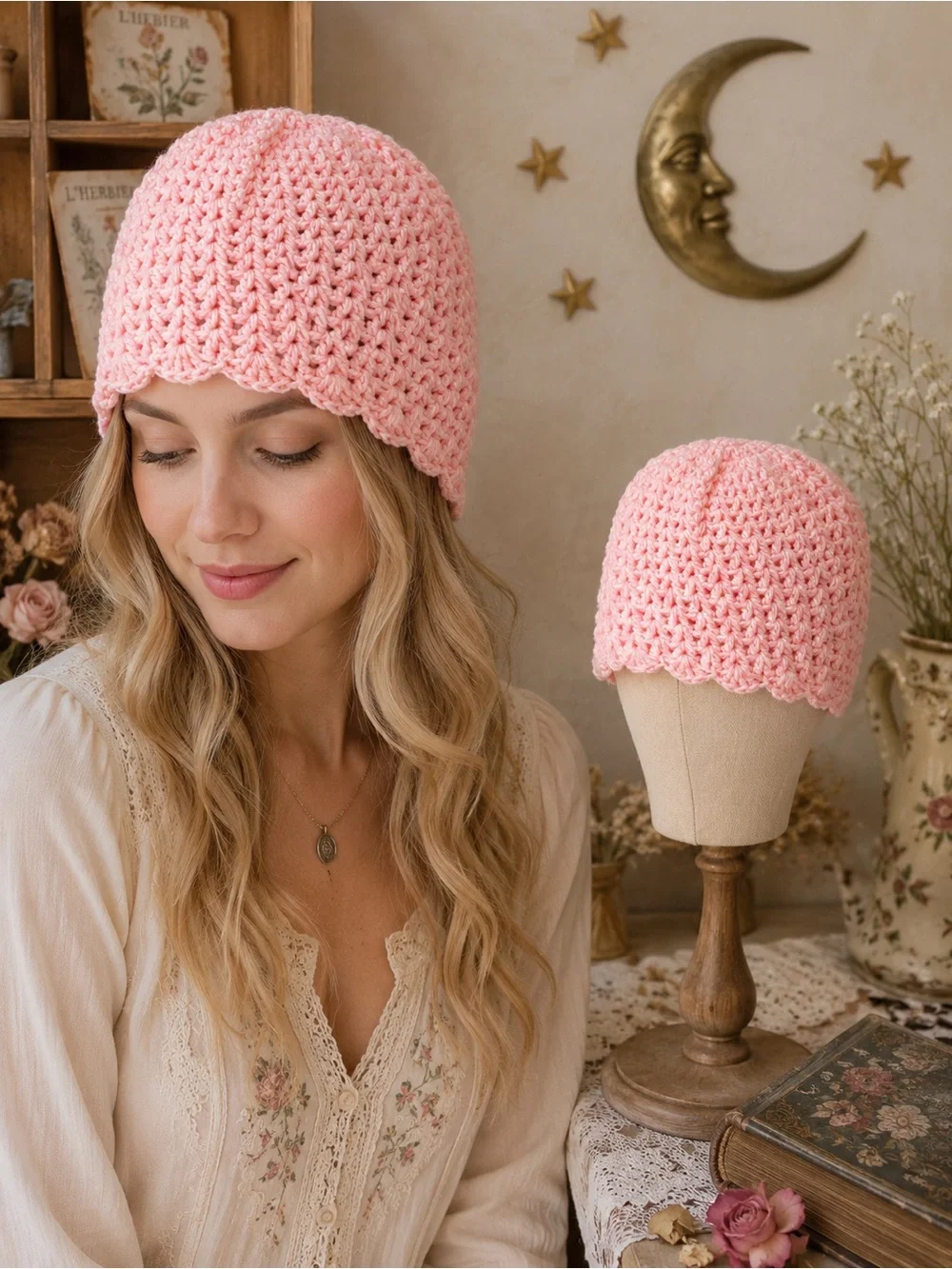 3 Handmade Crochet Pink Beanies Bundle Adult Small Teen Boho Cottagecore Hats